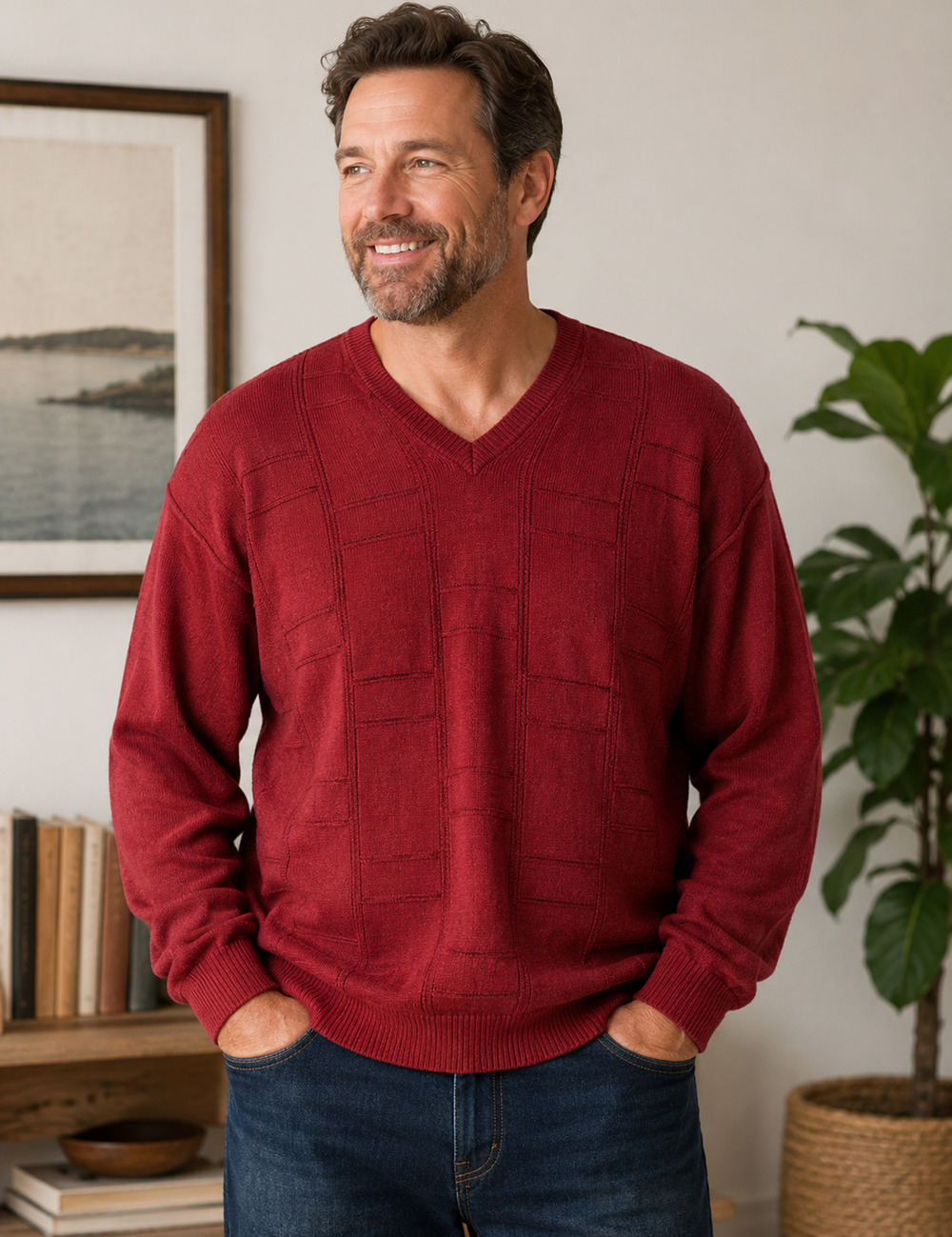 Vintage St Croix Knits Men’s XL Red Wool Blend V-Neck Textured Sweater USA Cozy